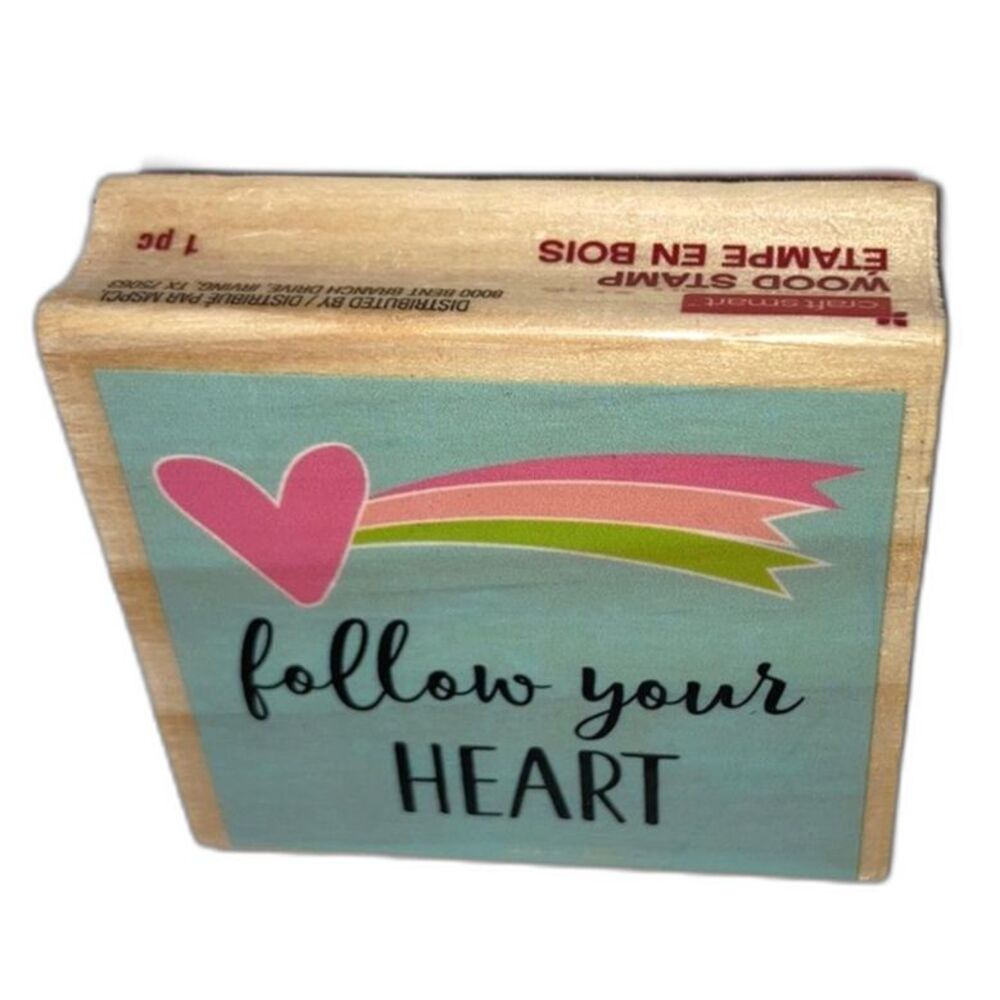 CRAFT SMART “Follow Your Heart” Rainbow Wood Mounted Rubber Stamp 2.5" x 2.5"